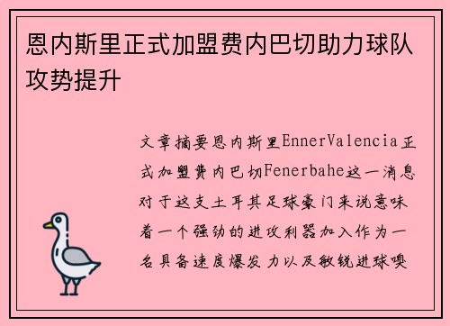恩内斯里正式加盟费内巴切助力球队攻势提升
